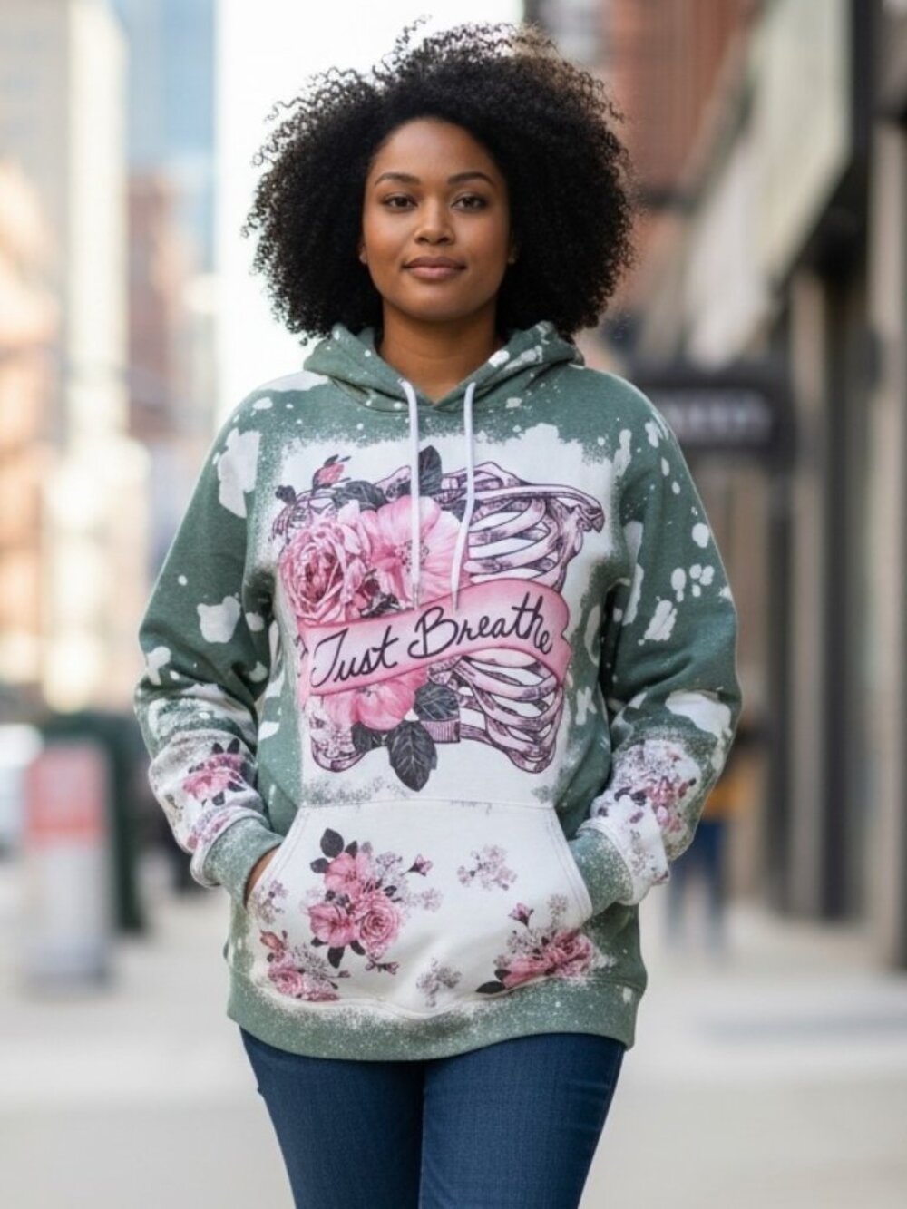 NWOT GILDAN (2X) Green/Pink/White Floral with Pocket Hoodie